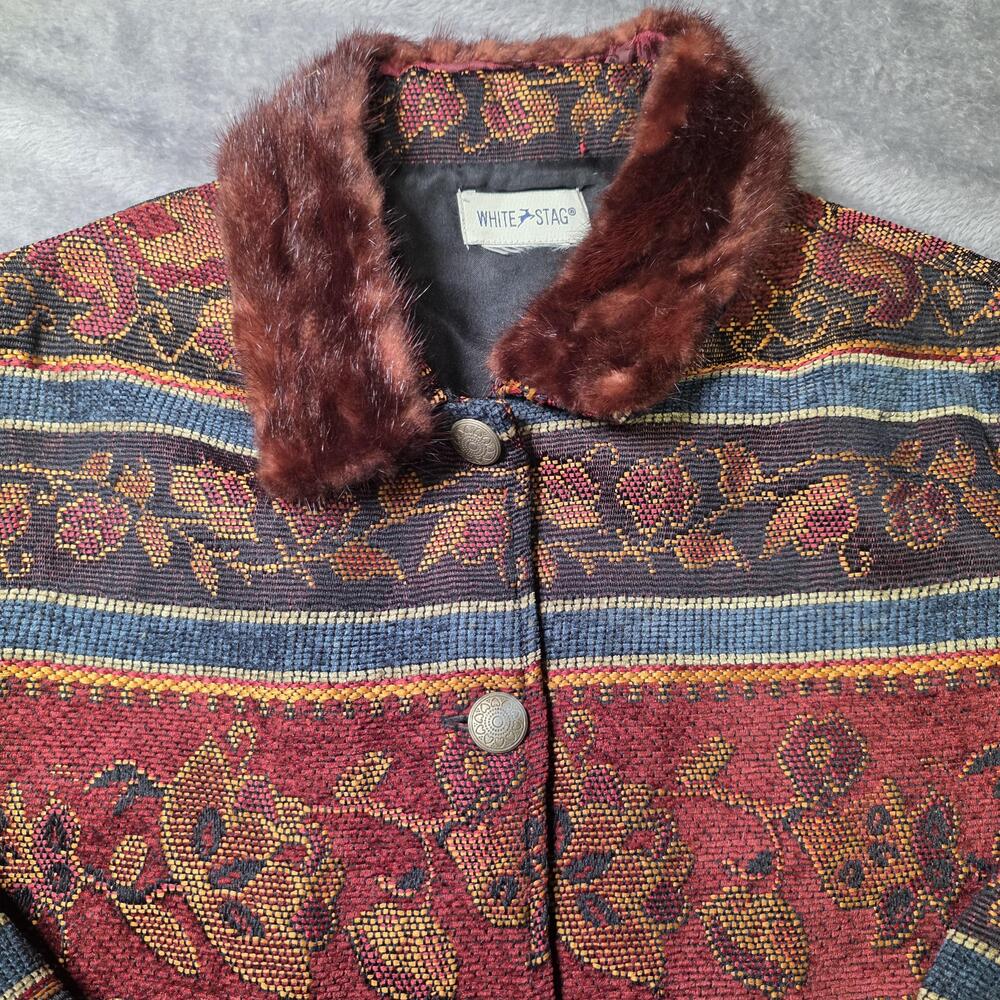 Vintage White Stag Jacket Womens Large Red Floral Tweed Fur Collar Button Front